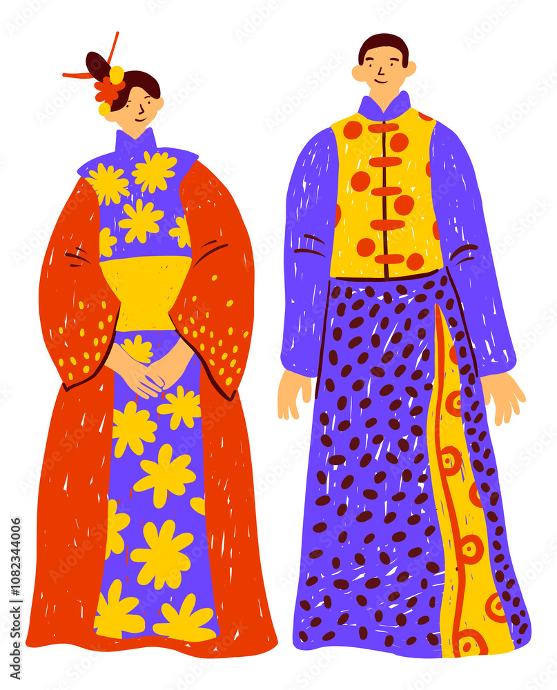 Chinese national costumes. Ancient asian folk clothes Chinese national costumes. Ancient asian folk clothes