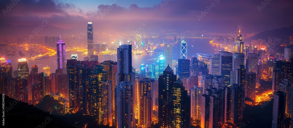 Hong Kong skyline with skyscrapers and buildings at sunset. Hong Kong skyline with skyscrapers and buildings at sunset.