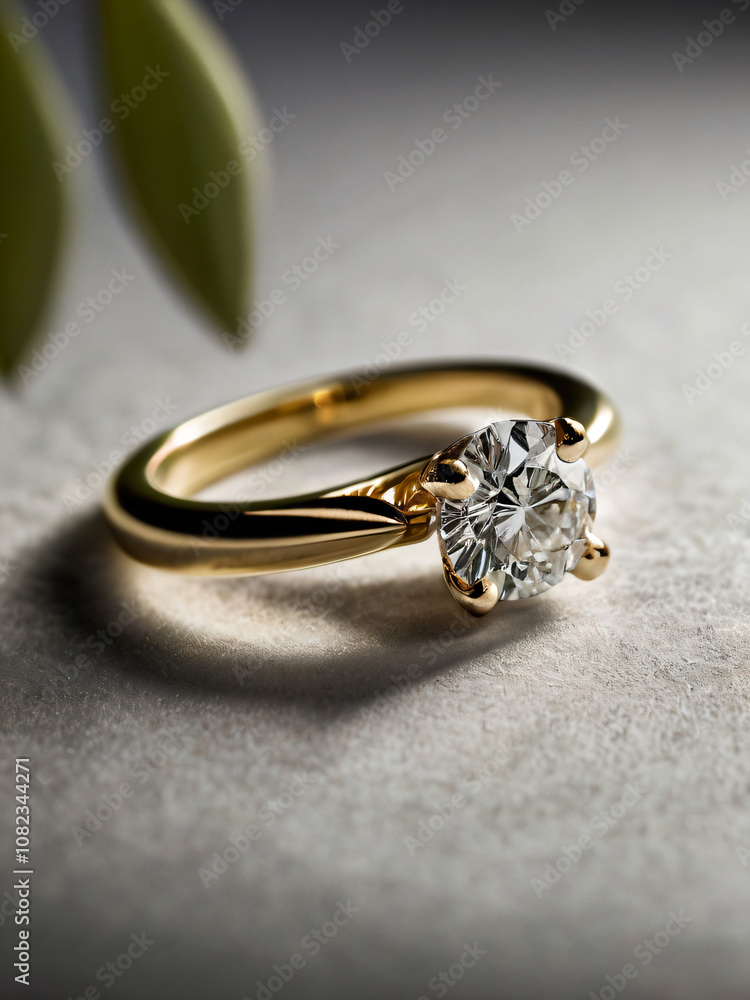 An elegant diamond engagement ring with a prominent solitaire, set on a slender gold band. An elegant diamond engagement ring with a prominent solitaire, set on a slender gold band.
