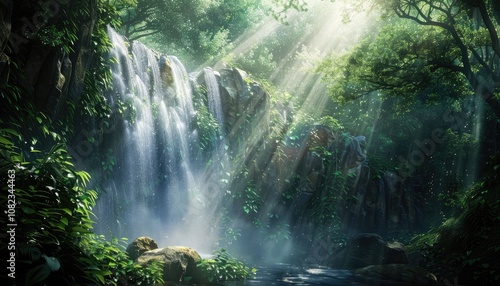 Sunbeams Filtering Through Lush Rainforest Canopy Illuminating Waterfall