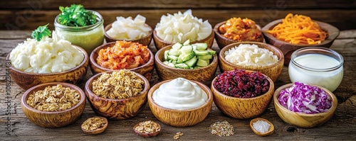 Colorful Assortment of Fresh Ingredients in Wooden Bowls for Healthy Cooking and Meal Preparation, Including Vegetables, Fruits, Grains, and Sauces