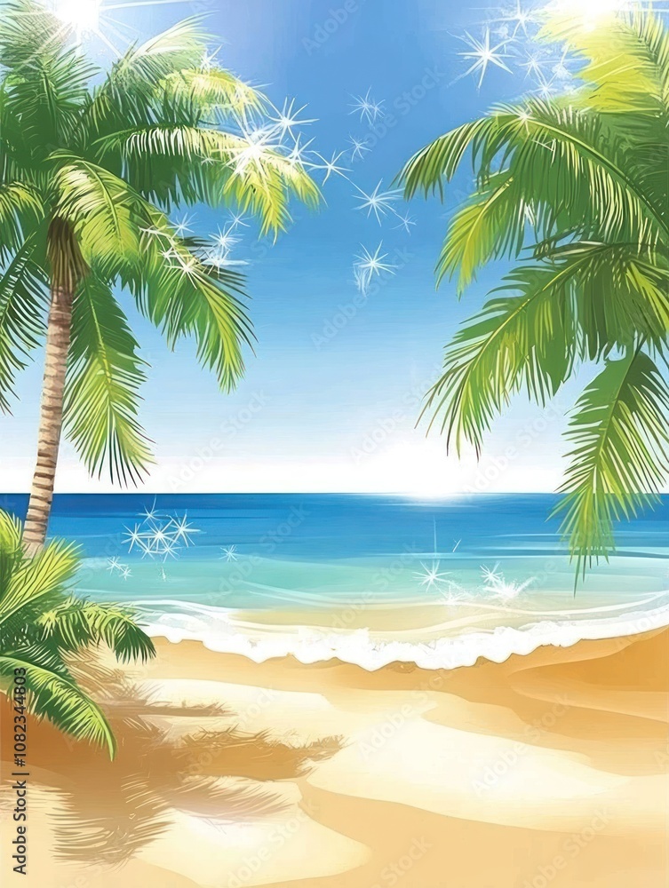 Obraz premium A serene beach scene with palm trees and a sparkling ocean under a bright sky.