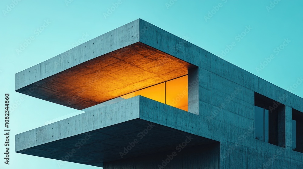 Obraz premium Modern concrete house with large windows and a cantilevered roof.