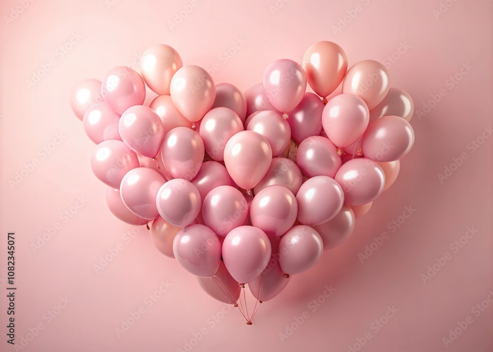 Heart Shape Made of Pink Balloons Floating on a Soft Pink Background - Minimalist Concept for Love and Celebration Themes in Portrait Photography Heart Shape Made of Pink Balloons Floating on a Soft Pink Background - Minimalist Concept for Love and Celebration Themes in Portrait Photography