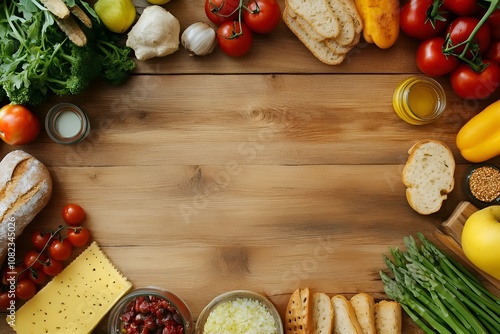 Different healthy food with diet plan on wooden table.
