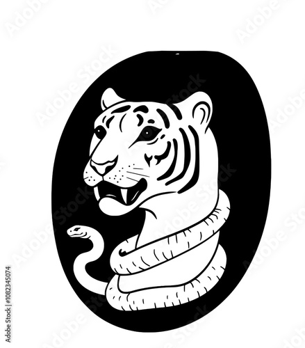 Hand drawn tiger and snake graphic on black background, sacrifice slogan