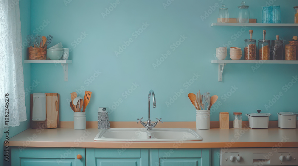 Blue Kitchen Interior with Countertop and Wall Hooks Blue Kitchen Interior with Countertop and Wall Hooks