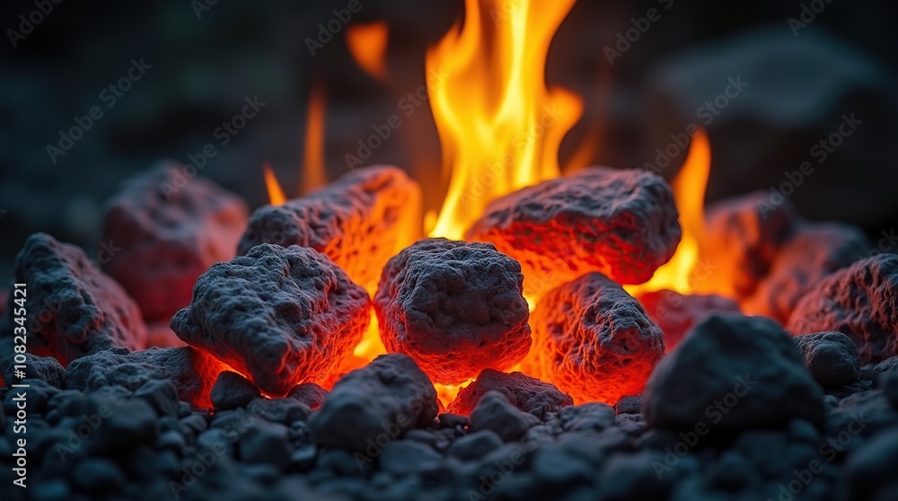 Glowing Burning Coals Illuminating A Warm Fiery Scene At Dusk Glowing Burning Coals Illuminating A Warm Fiery Scene At Dusk