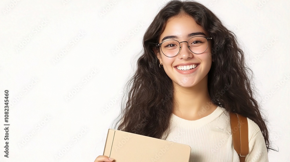 Young, Confident Woman Smiling While Holding a Folder, Exuding Positivity and Professionalism in a Bright, Inspirational Setting Young, Confident Woman Smiling While Holding a Folder, Exuding Positivity and Professionalism in a Bright, Inspirational Setting