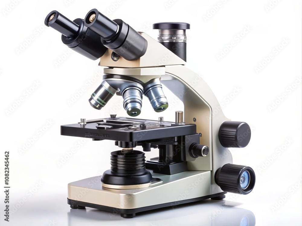 High-Quality Product Photography of a Microscope with Lenses on a Pristine White Isolated Background for Scientific and Educational Use, Perfect for Catalogs and Online Stores High-Quality Product Photography of a Microscope with Lenses on a Pristine White Isolated Background for Scientific and Educational Use, Perfect for Catalogs and Online Stores
