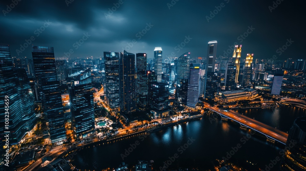 Fototapeta premium Nighttime Aerial View of Illuminated Skyscrapers and a River in a Modern City