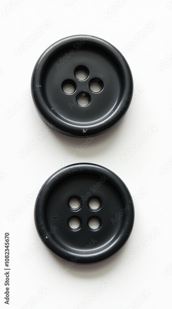 Detailed Realistic Black Plastic Sewing Buttons Isolated on White Background