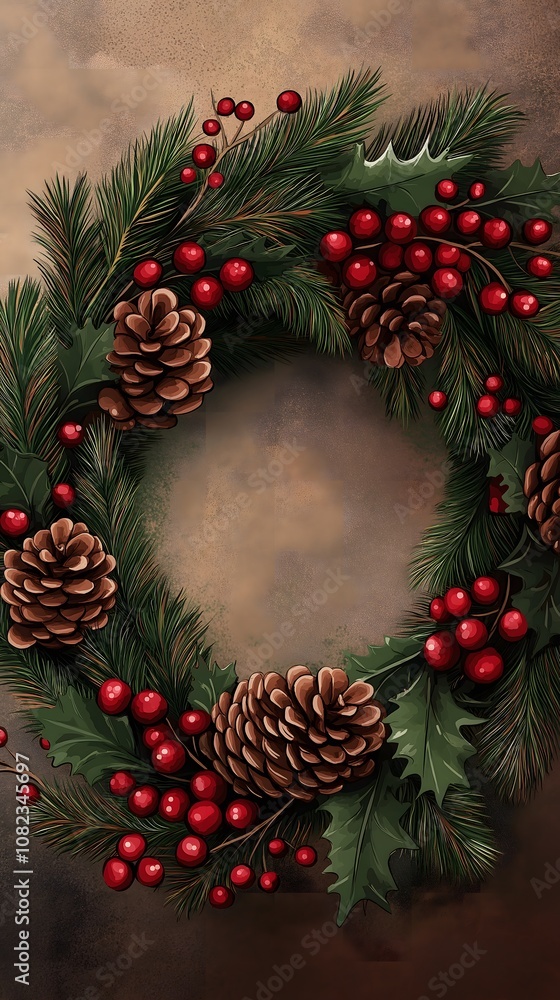 Festive Christmas Wreath with Pine Cones and Berries Festive Christmas Wreath with Pine Cones and Berries