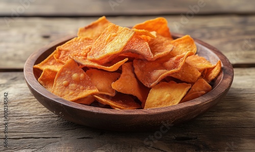 Sweet potato chips in wooden bowl, crispy texture, vibrant orange color, rustic setting, healthy snack option