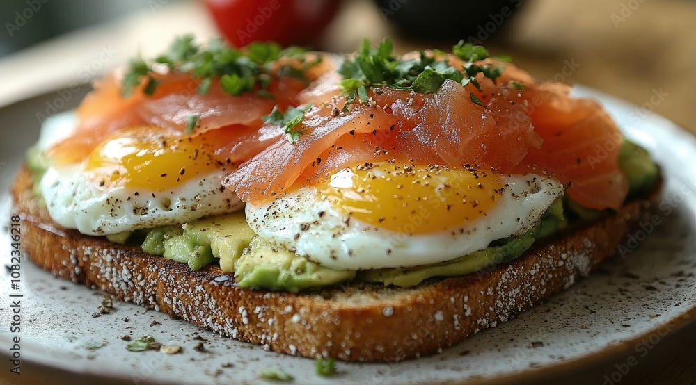 A plate of avocado toast topped with two fried eggs and smoked salmon. A plate of avocado toast topped with two fried eggs and smoked salmon.