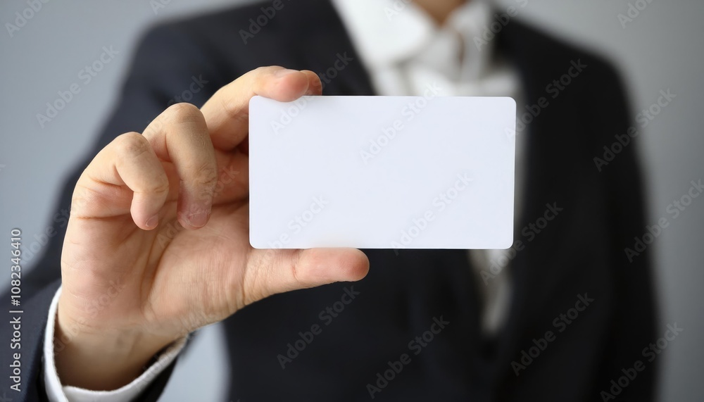 Hand holds a blank white name card in a professional setting Hand holds a blank white name card in a professional setting