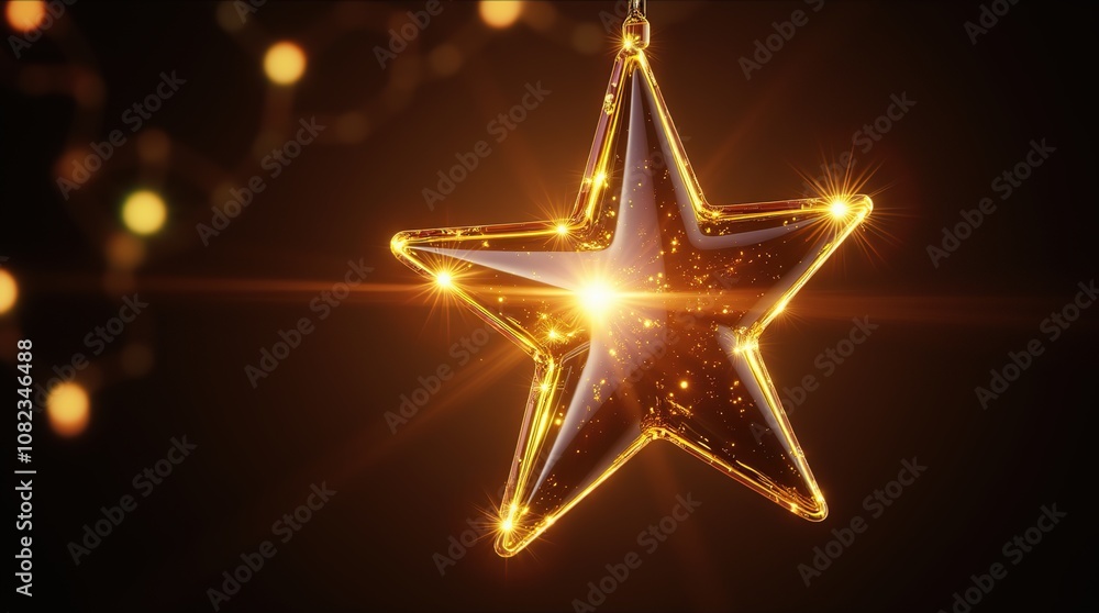 Glowing Gold Star Ornament on a Dark Sparkling Background