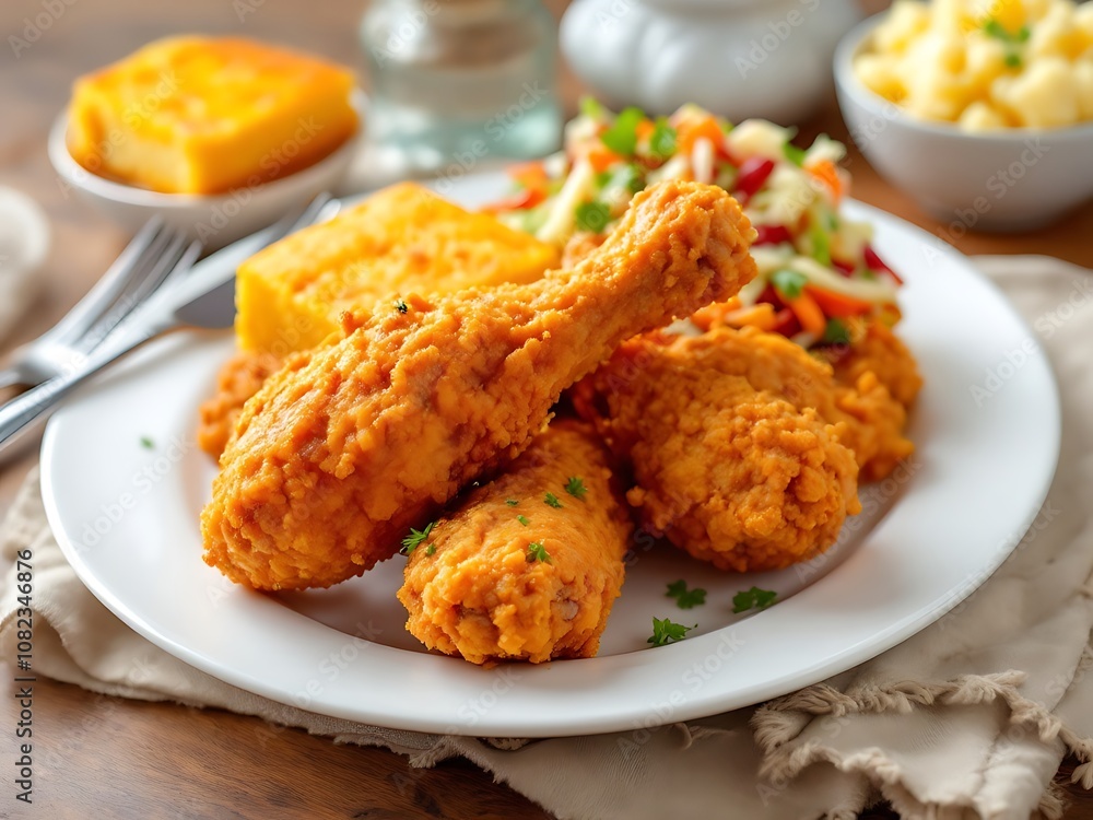 Fried Chicken Drumsticks with Cornbread, Mashed Potatoes, and Coleslaw on a White Plate Fried Chicken Drumsticks with Cornbread, Mashed Potatoes, and Coleslaw on a White Plate