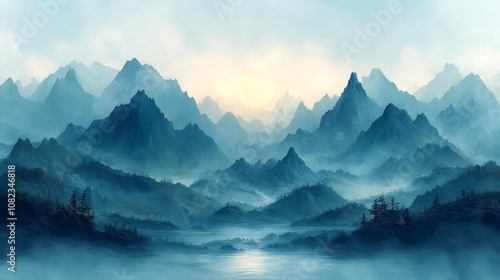 Wallpaper Mural Misty Mountain Landscape at Dawn. Generative AI Torontodigital.ca