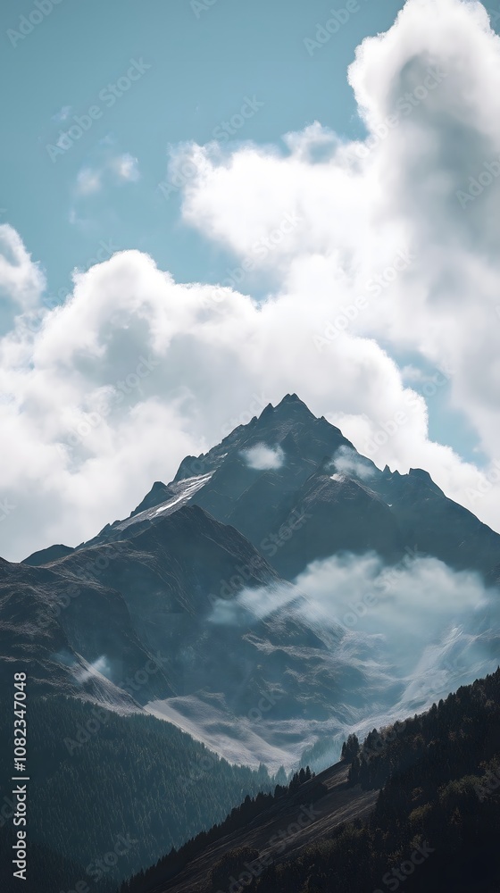 Majestic Mountain Peak with Clouds and Forest Majestic Mountain Peak with Clouds and Forest