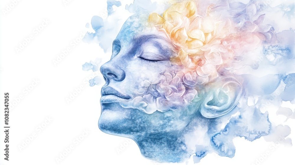 Chakra healing intuition, A serene, artistic representation of a woman's face blended with colorful clouds, symbolizing tranquility and creativity. Chakra healing intuition, A serene, artistic representation of a woman's face blended with colorful clouds, symbolizing tranquility and creativity.