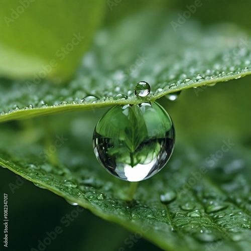 Crystal-clear water droplet reflects the surrounding environment, highlighting the beauty and intricacy of nature in a calm and serene setting.