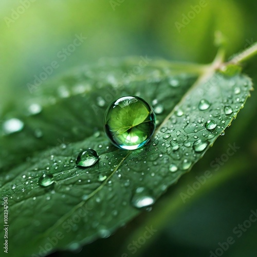 Dew-drop perched on the edge of a green leaf. The crystal-clear water droplet reflects the surrounding environment, highlighting the beauty and intricacy of nature in a calm and serene setting.