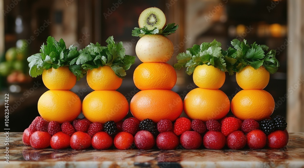 A pyramid of citrus fruit, kiwi, and berries. A pyramid of citrus fruit, kiwi, and berries.