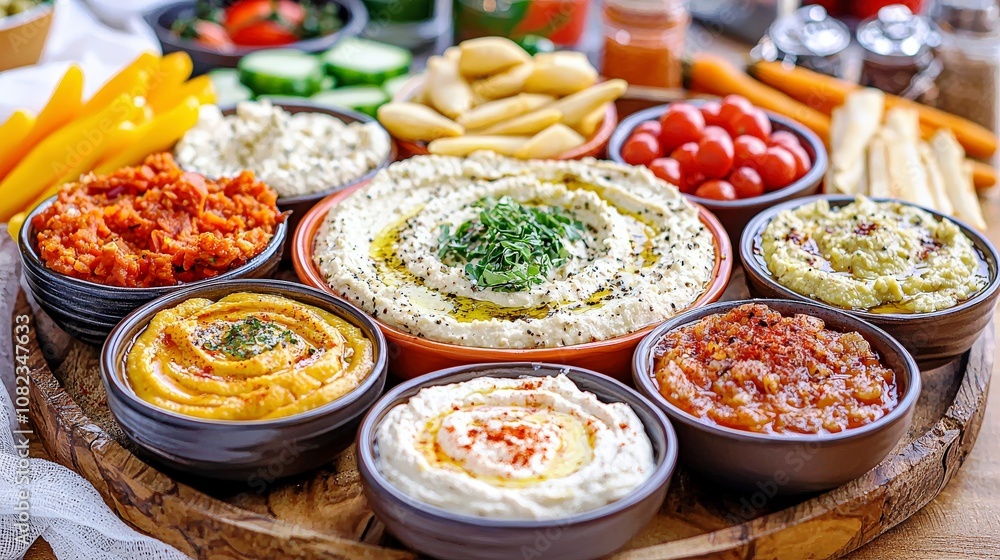 A Festive Spread of Colorful Hummus Varieties Accompanied by Fresh Vegetables, Crispy Snacks, and Dipping Sauces, Perfect for Parties and Gatherings A Festive Spread of Colorful Hummus Varieties Accompanied by Fresh Vegetables, Crispy Snacks, and Dipping Sauces, Perfect for Parties and Gatherings