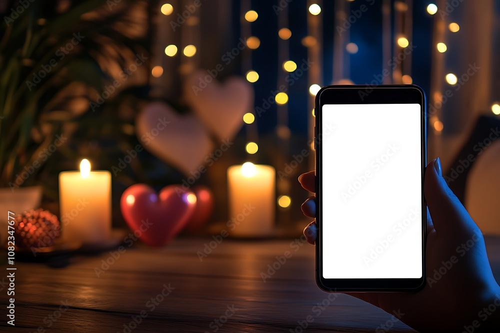 A hand holding a blank smartphone in a cozy, softly lit environment with candles and decorations. A hand holding a blank smartphone in a cozy, softly lit environment with candles and decorations.