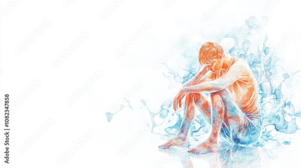 CBT Psychotherapy, A contemplative figure sits surrounded by abstract swirls of blue and orange, conveying emotions of isolation and introspection. CBT Psychotherapy, A contemplative figure sits surrounded by abstract swirls of blue and orange, conveying emotions of isolation and introspection.