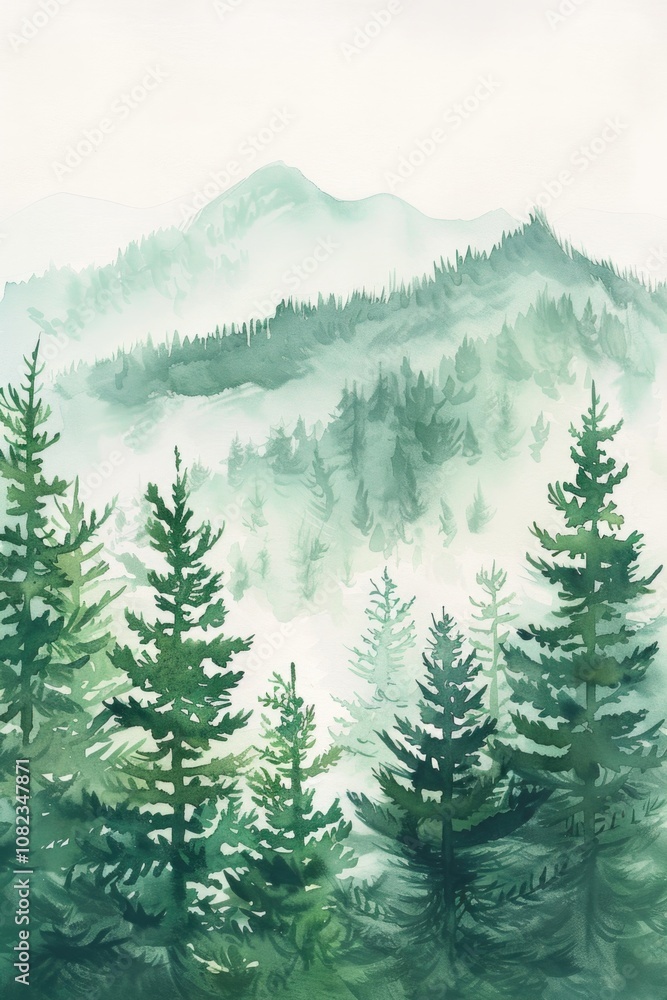 Fototapeta premium Forest Watercolor: Artistic Green Pine Tree Forest with Mountain Background