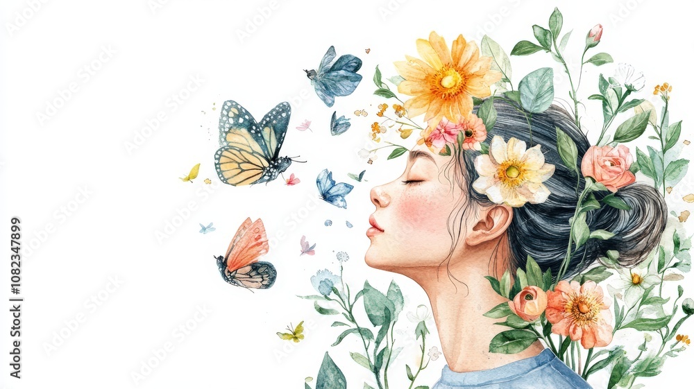 CBT Psychotherapy, self - improvement, A serene watercolor illustration of a woman surrounded by flowers and butterflies, symbolizing beauty, nature, and tranquility. CBT Psychotherapy, self - improvement, A serene watercolor illustration of a woman surrounded by flowers and butterflies, symbolizing beauty, nature, and tranquility.