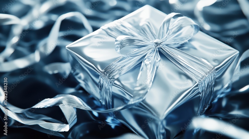 Shiny wrapped gift with metallic ribbon on dark surface Shiny wrapped gift with metallic ribbon on dark surface