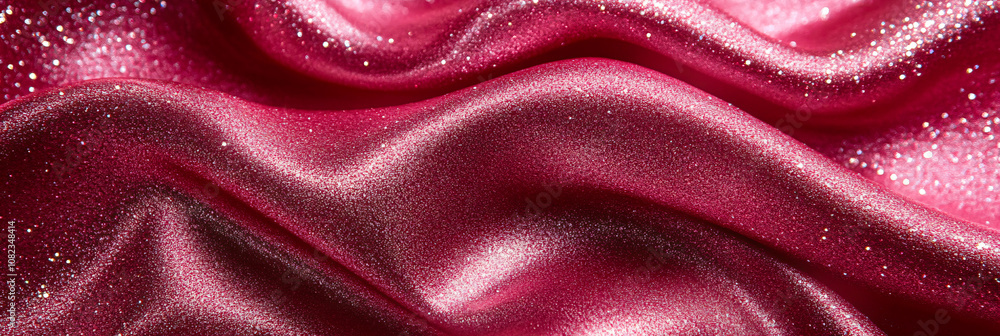Fototapeta premium Shiny smooth luxury burgundy silk fabric.Decorative background for design card, poster, banner for award, reward, Christmas, birthday, wedding. Abstrac curve and wave banner template with copy space