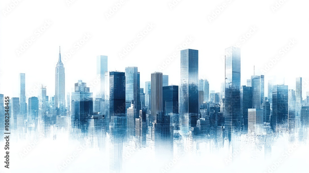 A stylized cityscape with a hazy background, showcasing a cluster of skyscrapers in shades of blue.