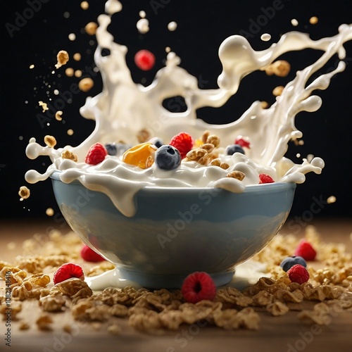 The high-speed photography highlights the dynamic motion and freshness of the breakfast scene, resulting in a visually captivating and artistic image perfect for food-related advertising.