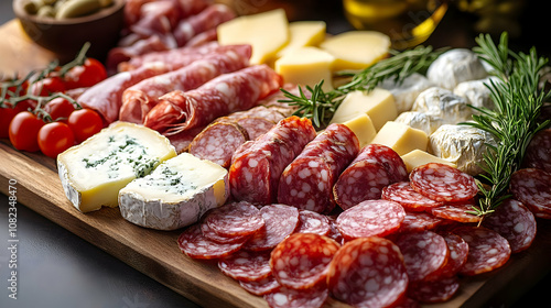 Salami, Cheese and Cherry Tomatoes on Wooden Cutting Board - Food Photography