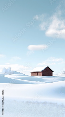 Serene Snowscape: Red Cabin in Winter Wonderland