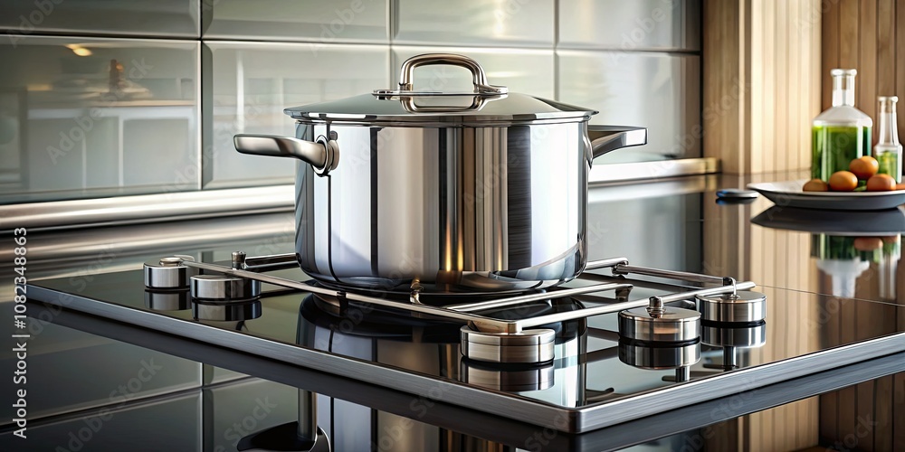 A refined stainless steel cooking pot placed on a modern gas cooktop, exemplifying top-tier quality and a stylish look, ideal for enhancing your kitchen aesthetics. A refined stainless steel cooking pot placed on a modern gas cooktop, exemplifying top-tier quality and a stylish look, ideal for enhancing your kitchen aesthetics.