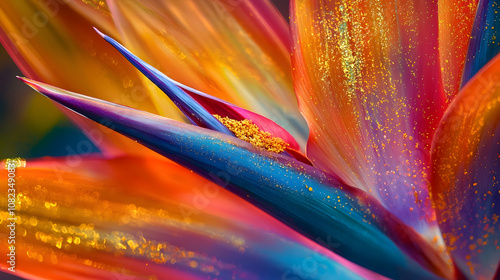 Close Up Abstract Illustration of Blue and Red Flower Petals with Golden Glitter