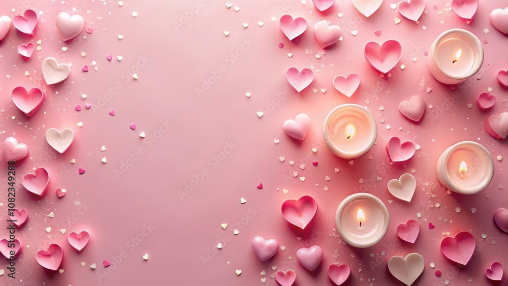 Minimal Pink Valentine's Day Background with Hearts Confetti and Candles for Design - Top View Flat Lay with Copy Space for Creative Projects and Seasonal Promotions Minimal Pink Valentine's Day Background with Hearts Confetti and Candles for Design - Top View Flat Lay with Copy Space for Creative Projects and Seasonal Promotions