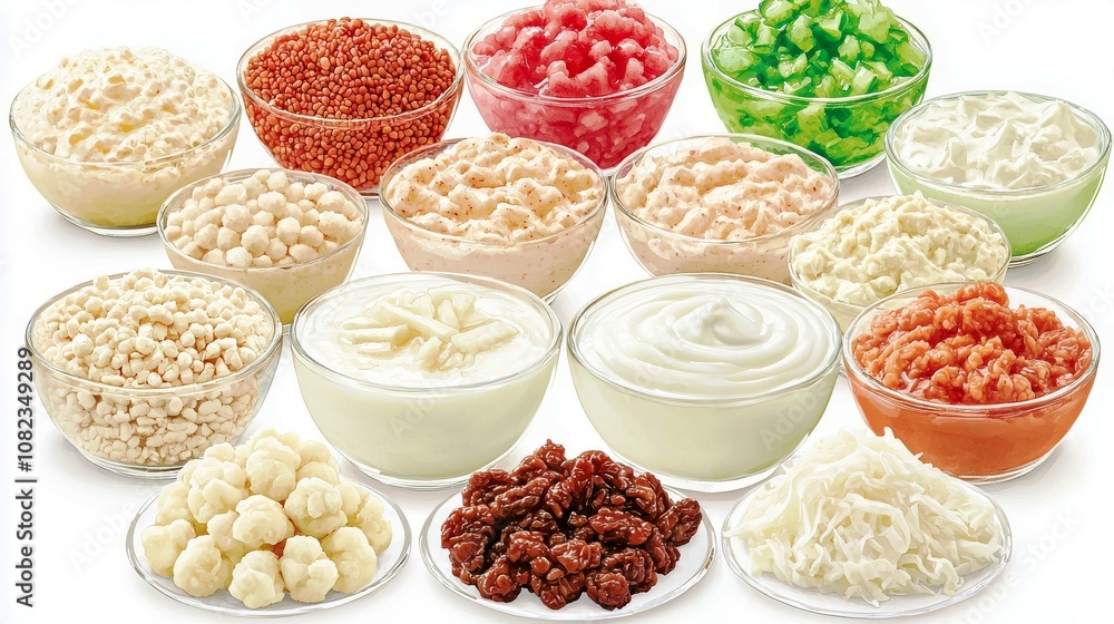 Collection of Colorful and Healthy Ingredients in Bowls for Cooking and Culinary Arts Featuring Fruits, Vegetables, and Grains on a White Background Collection of Colorful and Healthy Ingredients in Bowls for Cooking and Culinary Arts Featuring Fruits, Vegetables, and Grains on a White Background