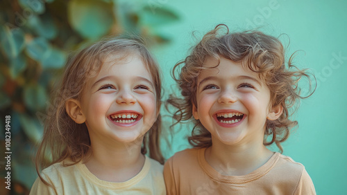 Wallpaper Mural Two joyful children happily smiling together in front of a vibrant green backdrop during a sunny day, capturing the essence of childhood laughter and friendship Torontodigital.ca