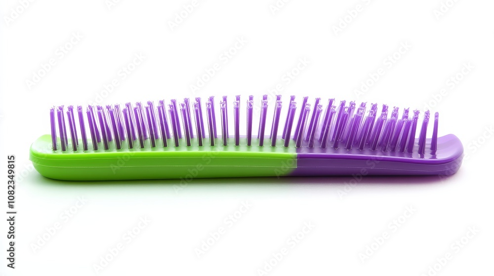Green and purple plastic comb, massage brush, isolated on a white background Green and purple plastic comb, massage brush, isolated on a white background