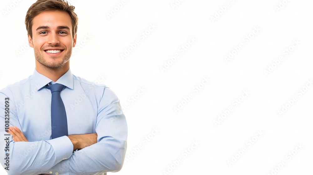 Friendly Young Businessman in Blue Shirt Smiling with Arms Crossed Against Bright White Background Friendly Young Businessman in Blue Shirt Smiling with Arms Crossed Against Bright White Background