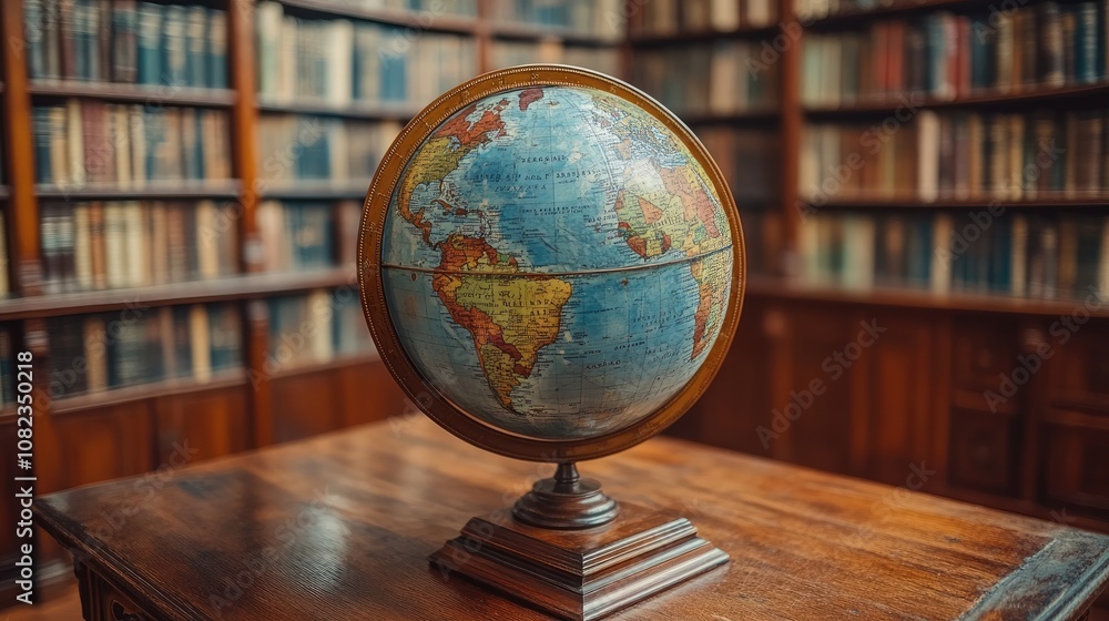 An antique globe sits on a wooden table in a library, surrounded by bookshelves. An antique globe sits on a wooden table in a library, surrounded by bookshelves.