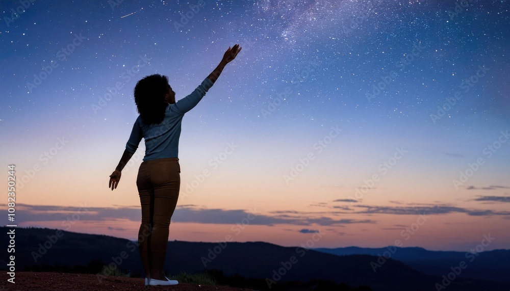 Reaching for the Stars - person standing on their tiptoes, stretching to touch stars in the sky, symbolizing ambition, dreams, and aspiration Reaching for the Stars - person standing on their tiptoes, stretching to touch stars in the sky, symbolizing ambition, dreams, and aspiration