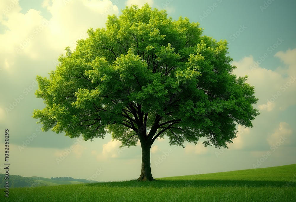 Fototapeta premium Hyper-Realistic Photography of a Single Tree with Vibrant Green Bushes and Beautiful Daylight Illumination