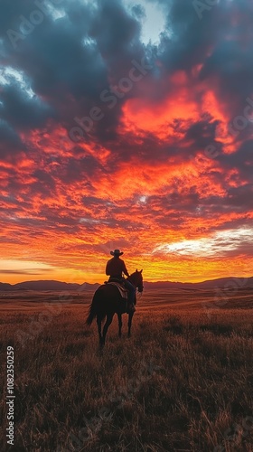 Cowboy riding horse at sunset in a scenic landscape